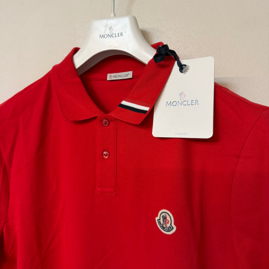 Moncler Mens Polo Shirt Red Tricolour Collar - Sizes L & XL