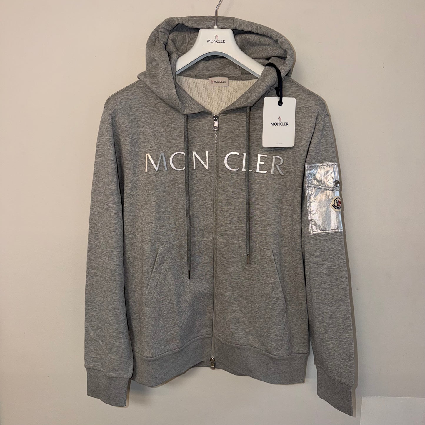 Moncler Zip Up Hoodie Grey Metallic Logo - Size XXL