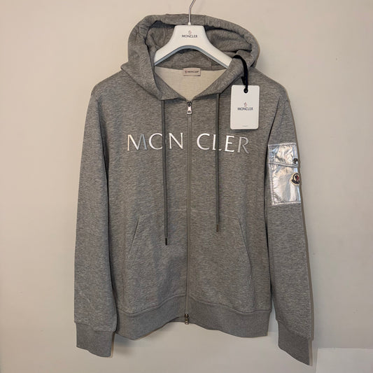 Moncler Zip Up Hoodie Grey Metallic Logo - Size XXL