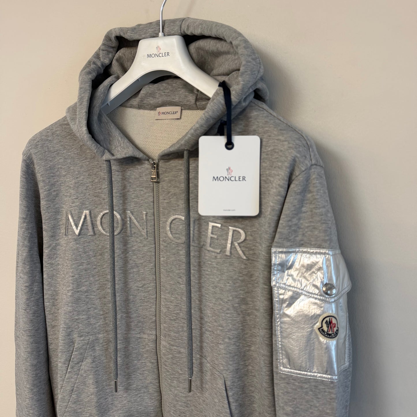 Moncler Zip Up Hoodie Grey Metallic Logo - Size XXL