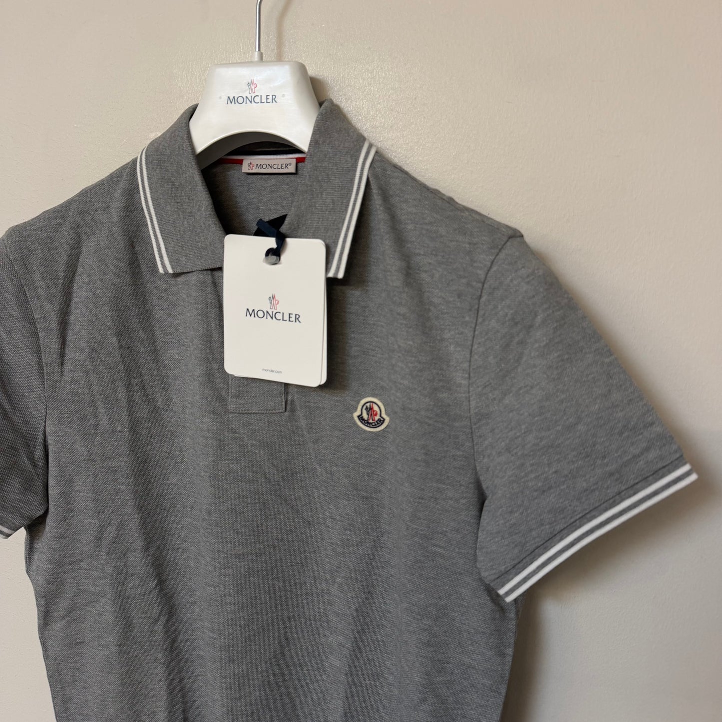 Moncler Mens Polo Shirt Grey Tipped - Size S